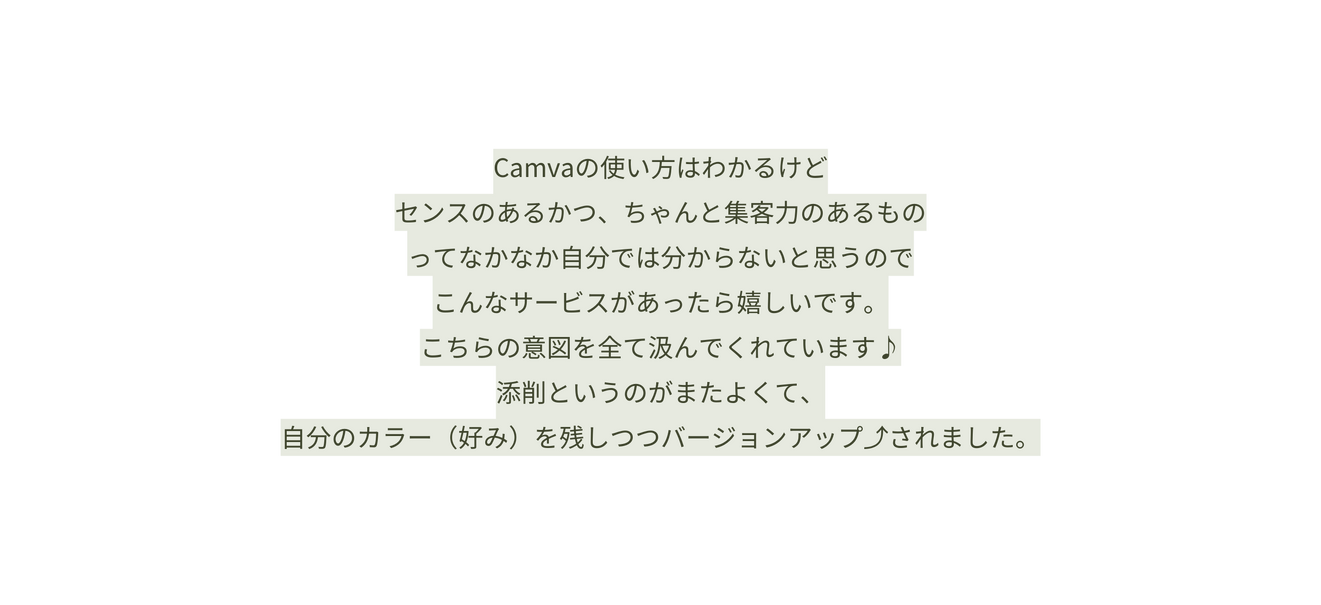 Camvaの使い方はわかるけど センスのあるかつ ちゃんと集客力のあるもの ってなかなか自分では分からないと思うので こんなサービスがあったら嬉しいです こちらの意図を全て汲んでくれています 添削というのがまたよくて 自分のカラー 好み を残しつつバージョンアップ されました